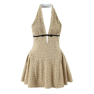 Women Polka Dot Mini Dress Halter Neck Deep V Backless A-Line Pleated Khaki French Retro Sexy Party Clubwear Polyester