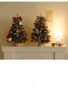 Mini PE Christmas trees with warm LED lights and festive ornaments on a white mantel
