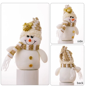 Detail views of plush snowman with knit hat and scarf showing side and back angles