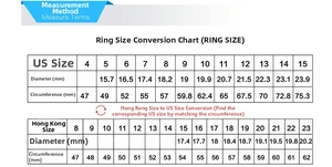 Detailed size chart for 8mm stainless steel rings showing US and HK diameter measurements