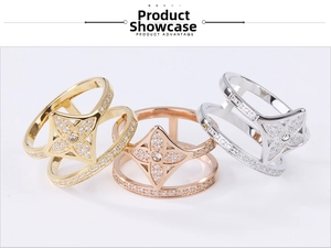 Detailed macro view of three double-layer lucky flower rings with sparkling zircons