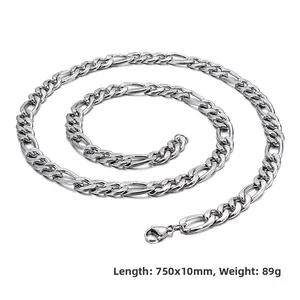 Detailed view of silver Figaro chain showing 750mm length and 10mm width dimensions