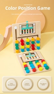 Detailed view of wooden logic board featuring colorful sliding beads for color matching