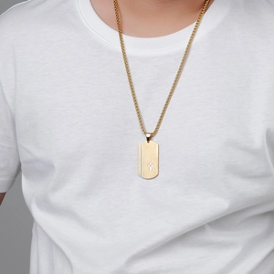 Men's gold titanium necklace with a rectangular cross pendant on a braided chain