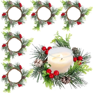 6er-Set Weihnachts-Minikränze für Kerzen mit roten Beeren und Tannennadeln