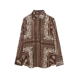 Brown paisley print button-down shirt with wide cuffs and patchwork pattern for women