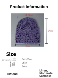 Detailed size measurements and material info for purple crocheted linen beanie hat