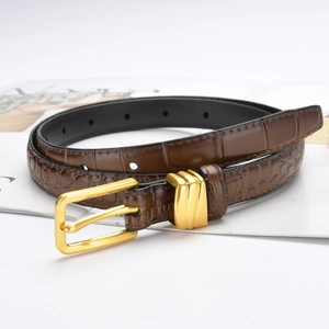 Women Retro Crocodile Pattern Genuine Leather Skinny Belt Vintage Alloy Pin Buckle Waistband For Jeans Dress Waist Strap