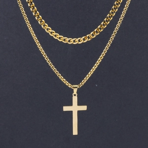 Men's double layer gold stainless steel curb chain with minimal cross pendant