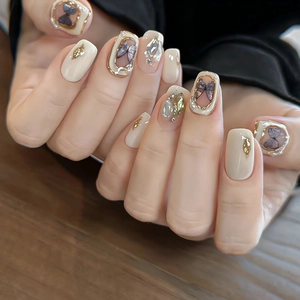 Handmade Press On Nails 3D Baroque Butterfly Resin Rhinestone Faux Artificial Pearl Square Round Full Cover Reusable Manicure For Women