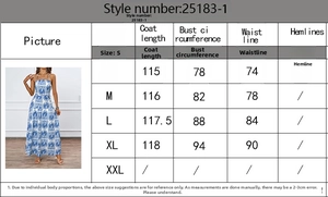 Detailed size guide table for floral halter neck summer beach dress style 25183-1