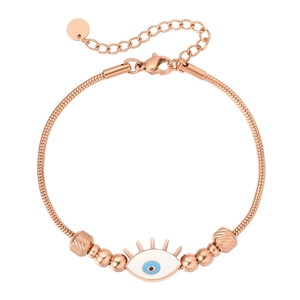 Rose gold evil eye beaded bracelet with blue enamel charm and adjustable snake chain