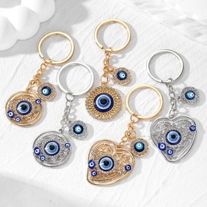 Evil Eye Keychain Retro Ethnic Alloy Hollow Heart Round Pendant Rhinestone Nazar Lucky Charm Key Ring Jewelry Gift