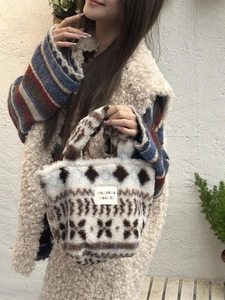 Ethnic pattern plush tote bag with embroidered label for winter casual style