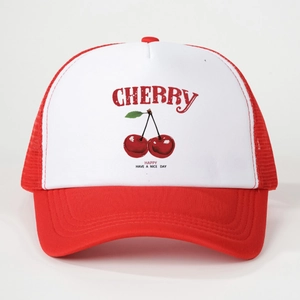Retro red and white mesh trucker hat with cherry print and adjustable strap for women