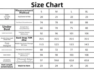 Detailed size guide table for striped bikini showing S, M, L, XL measurement data
