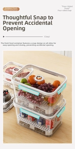 Detail of transparent portable food container with blue seals and internal drain tray