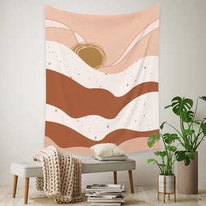 Detail of bohemian abstract landscape tapestry with wavy lines and minimalist circles
