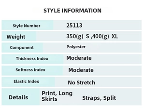 Detail specifications of floral split maxi dress showing fabric content and style data