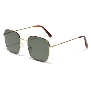 Classic square metal sunglasses with tortoise temples and dark green lenses from 45-degree angle