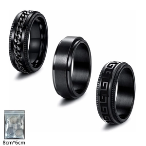 Men's Black Stainless Steel Rotating Spinner Rings Set 3Pcs Stress Relief Greek Key Chain Brushed Jewelry Ring For Men