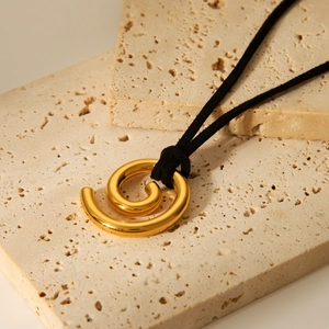 Minimalist 18K gold plated stainless steel spiral pendant on black cord necklace
