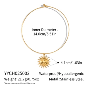 Detail view of 18K gold plated stainless steel sun pendant necklace with size measurements