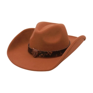 Brown western felt cowboy hat with leopard head metal buckle on leather band
