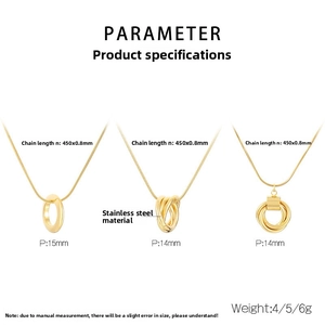 Detailed parameter display of three geometric stainless steel necklaces in gold finish