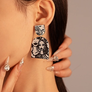 Abstract Portrait Print Dangle Earrings With Silver Earring Post Acrylic Geometric Black White Fashion Jewelry For Women
