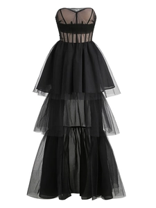 Sleeveless black mesh evening dress with corset bodice and tiered tulle skirt