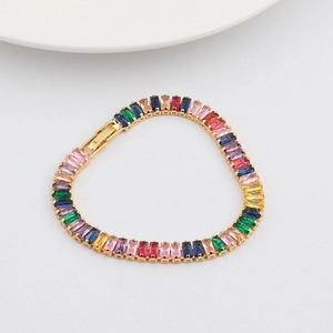 Detail of gold chain bracelet with double row rectangular multi-color cubic zirconia