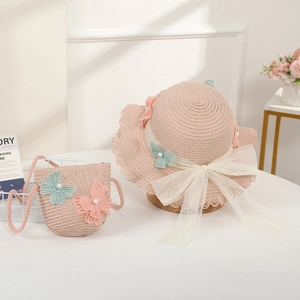 Pink girls straw hat and matching bag set with lace butterfly and pearl details