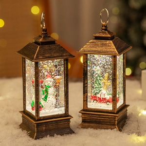 Vintage bronze Christmas lantern with Santa, tree, and car in festive bokeh scenery