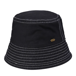 Classic black bucket hat in washed cotton with white contrast stitching and gold metal logo