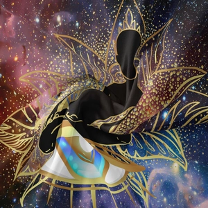 Close-up detail of celestial tapestry showing galaxy print with golden mandala silhouette