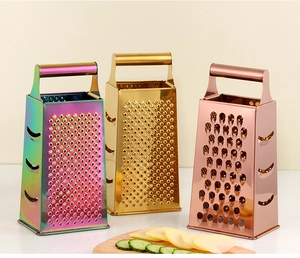 Detailed view of colorful stainless steel graters in gold and rose gold for vegetables