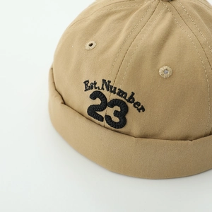 Khaki cotton docker cap for kids featuring 23 number embroidery and top eyelets