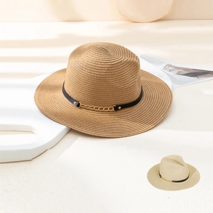 Unisex Paper Straw Fedora Hat Breathable Sun Protection Summer Beach Jazz Cap With Leather Belt And Metal Chain Decoration