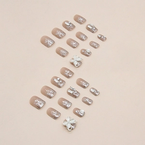 Short square press-on nails with champagne glitter, white 3D flowers and pearls decor