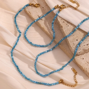 Minimalist 18K gold plated necklace with faceted light blue apatite beaded chain