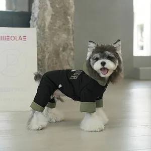 American retro hooded dog puffer jacket in black and olive green for winter warmth
