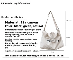 Detail view of large canvas crossbody bag with dimensions and interior pocket features