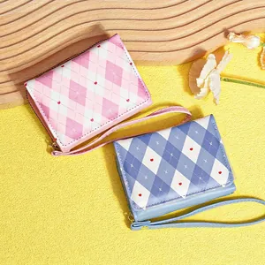 Women Bifold Short Wallet PU Leather Argyle Plaid Heart Print Multi Card Slots Zipper Pocket Wristlet Strap Retro Cute