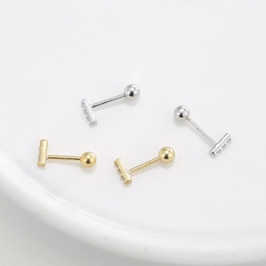 Minimalist S925 sterling silver T-shaped stud earrings with pavé zircon in gold and silver