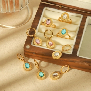 Vintage Oval Zirconia Jewelry 18K Gold Plated Stainless Steel Sunburst Texture Earrings Rings Women Fashion Accessories