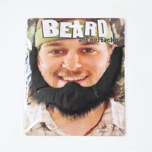 Front view of black synthetic party beard and mustache in cardboard blister packaging