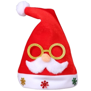Plush red Santa hat with gold glasses, white beard, and snowflake sequins for Christmas