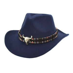Sombrero vaquero western azul marino con adorno de cabeza de toro plateado