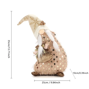 Christmas gnome ornament size chart showing 35cm height and sequin embroidery detail